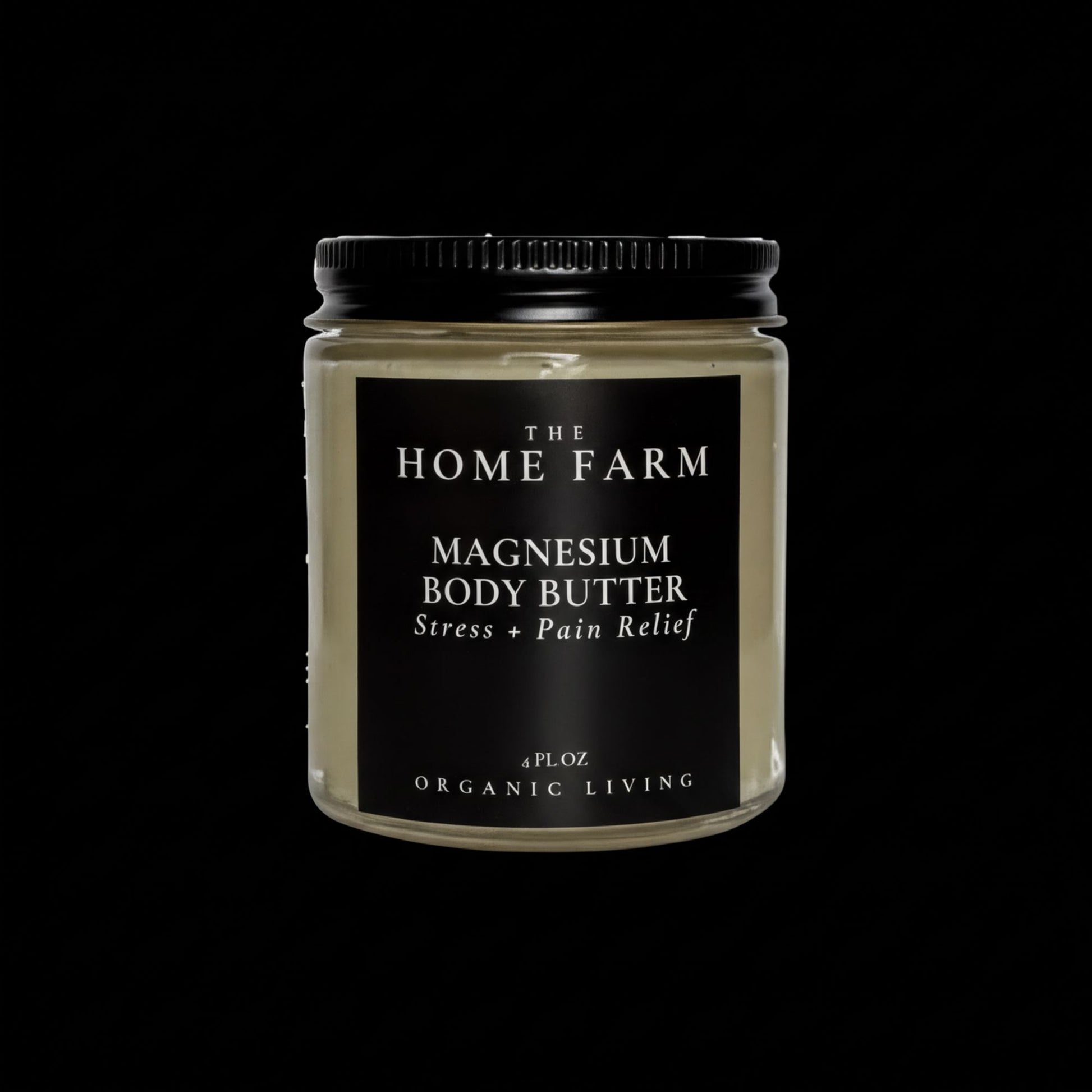a jar of magnesium body butter with a black lid, labeled as a stress and pain relief product.
