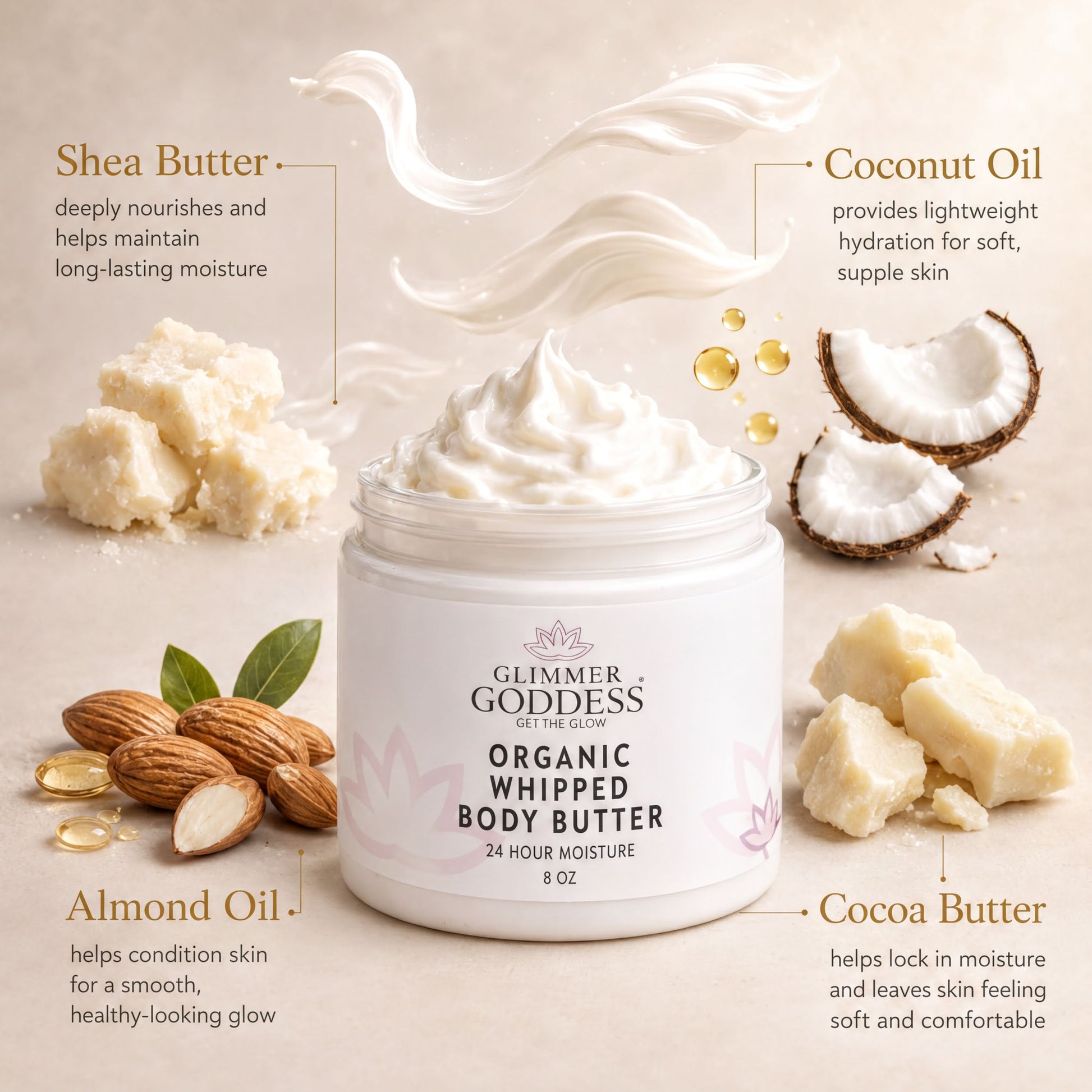 The image is an advertisement for a body butter product, featuring a jar of organic whipped body butter surrounded by various natural ingredients such as shea butter, coconut oil, almond oil, and cocoa butter.
