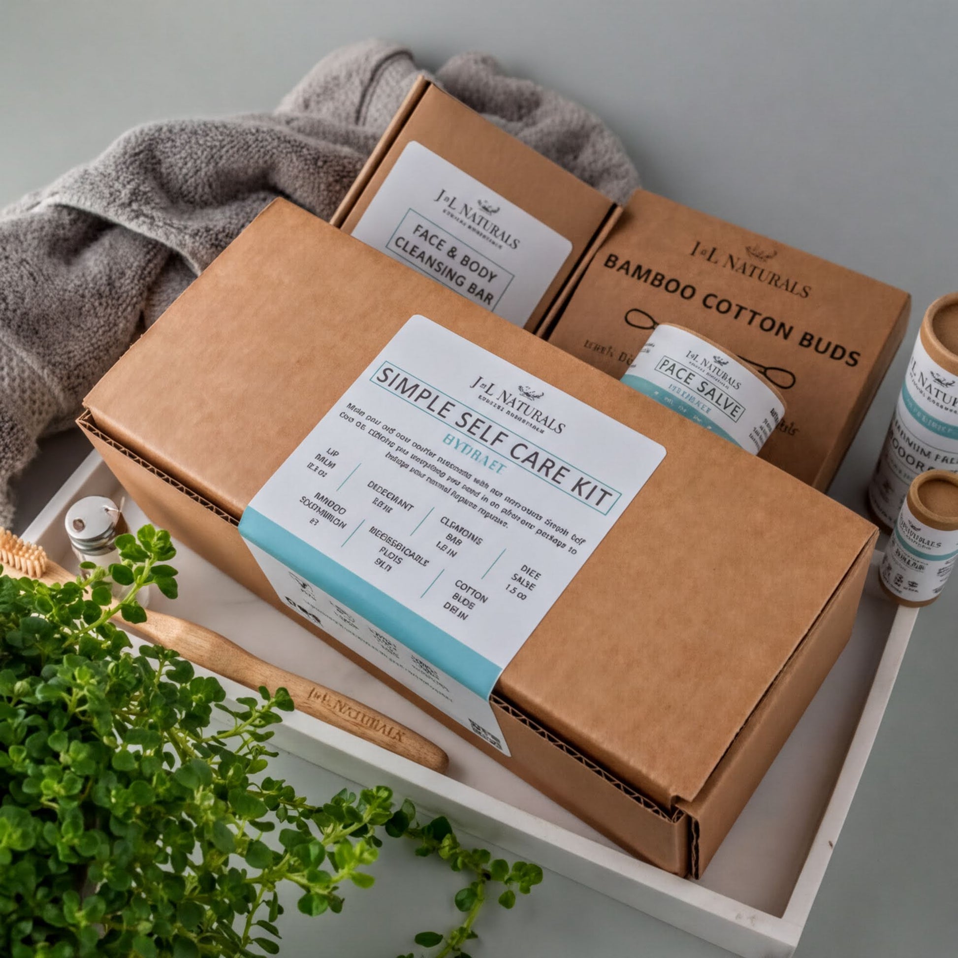 a set of self-care products, including a box of J.L.Naturals, a box of bamboo cotton buds, and a box of J.L.Naturals face and body cleansing bar. The products are arranged on a white tray, with a potted plant and a toothbrush visible in the background.