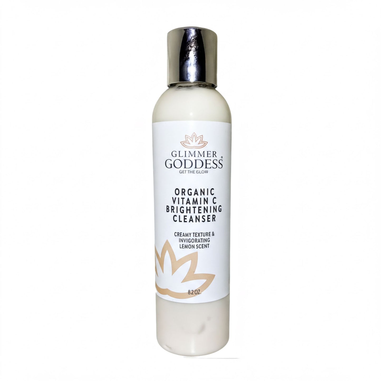 a bottle of organic vitamin C brightening cleanser with a cream texture and invigorating citrus scent.