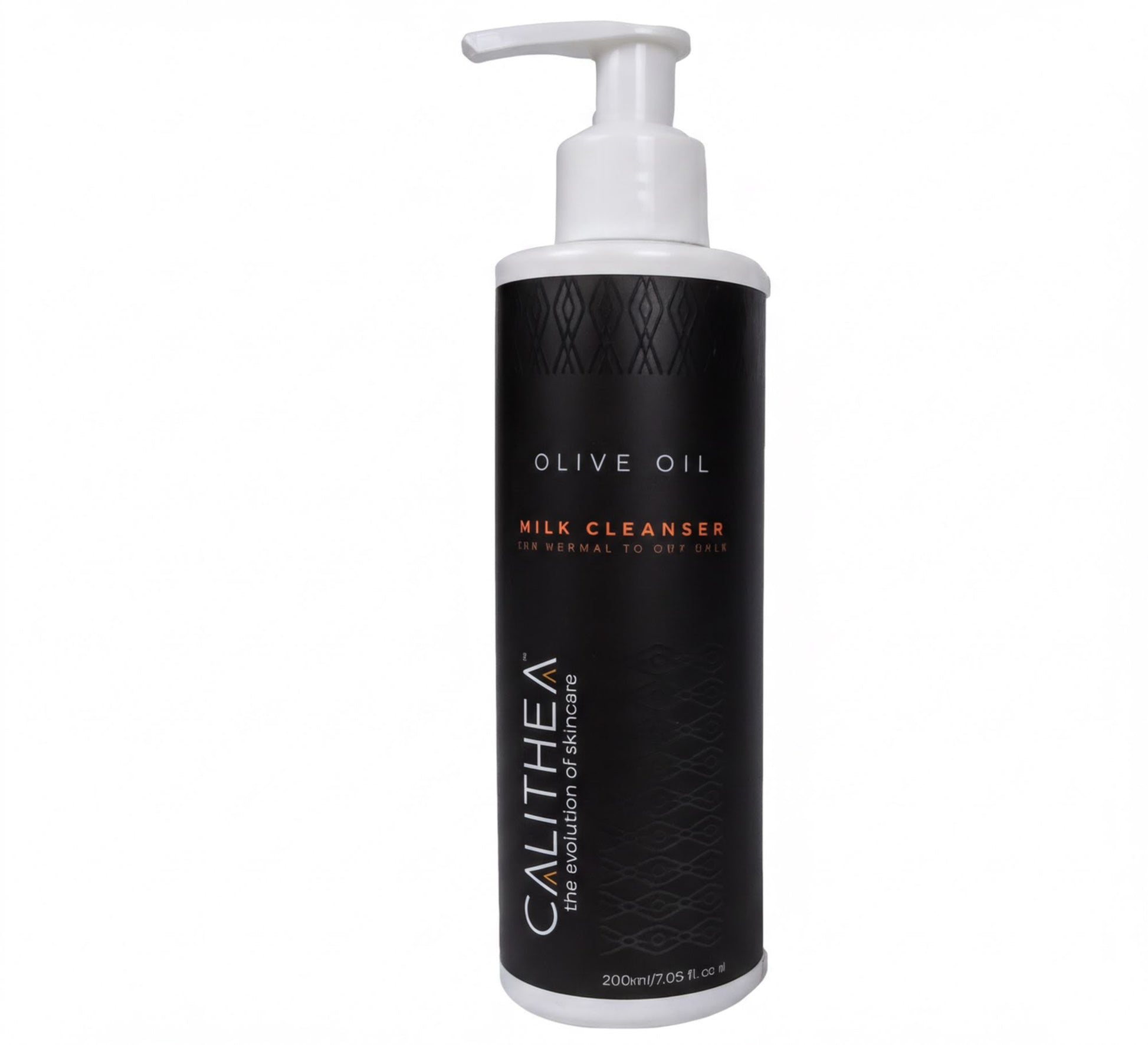 a bottle of CALITHEA Milk Cleanser, which is an olive oil-based skincare product.
