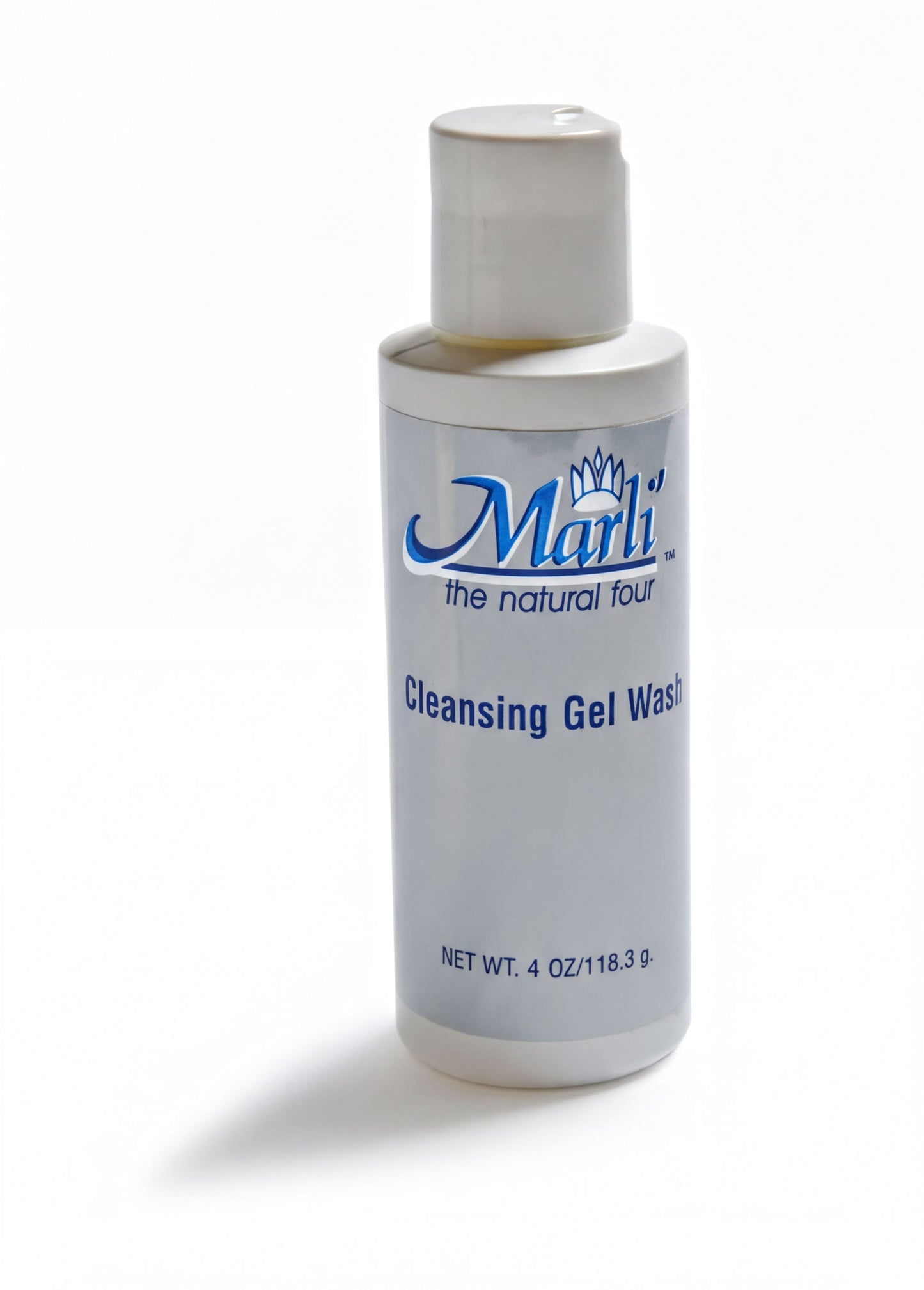 A bottle of Marli's Cleansing Gel Wash, with a white cap and a blue label.