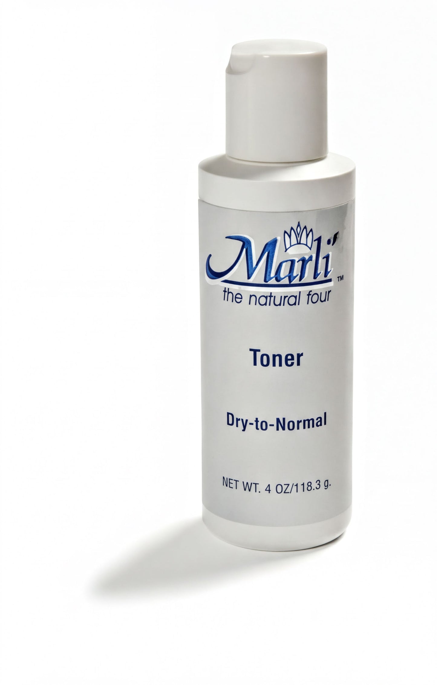 A bottle of Marli's Dry-to-Normal toner with a white cap and blue label.
