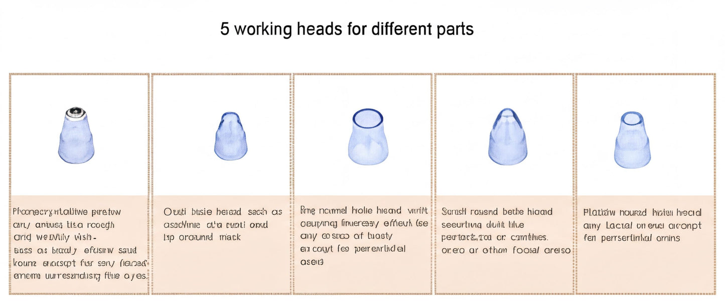 five different types of working heads for various parts, including a Phoeccrylítilíline pretaw, a Phoeccrylítilíline pretaw with an additional suction cup, a Phoeccrylítilíline pretaw with a suction cup, a Phoeccrylítilíline pretaw with a suction cup, and a Phoeccrylítilíline pretaw with a suction cup.