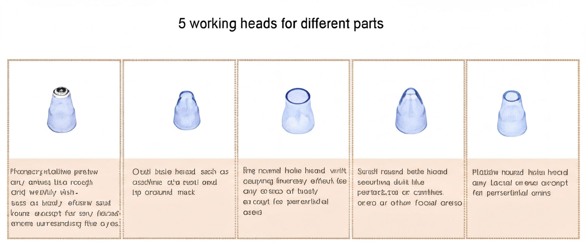 five different types of working heads for various parts, including a Phoeccrylítilíline pretaw, a Phoeccrylítilíline pretaw with an additional suction cup, a Phoeccrylítilíline pretaw with a suction cup, a Phoeccrylítilíline pretaw with a suction cup, and a Phoeccrylítilíline pretaw with a suction cup.