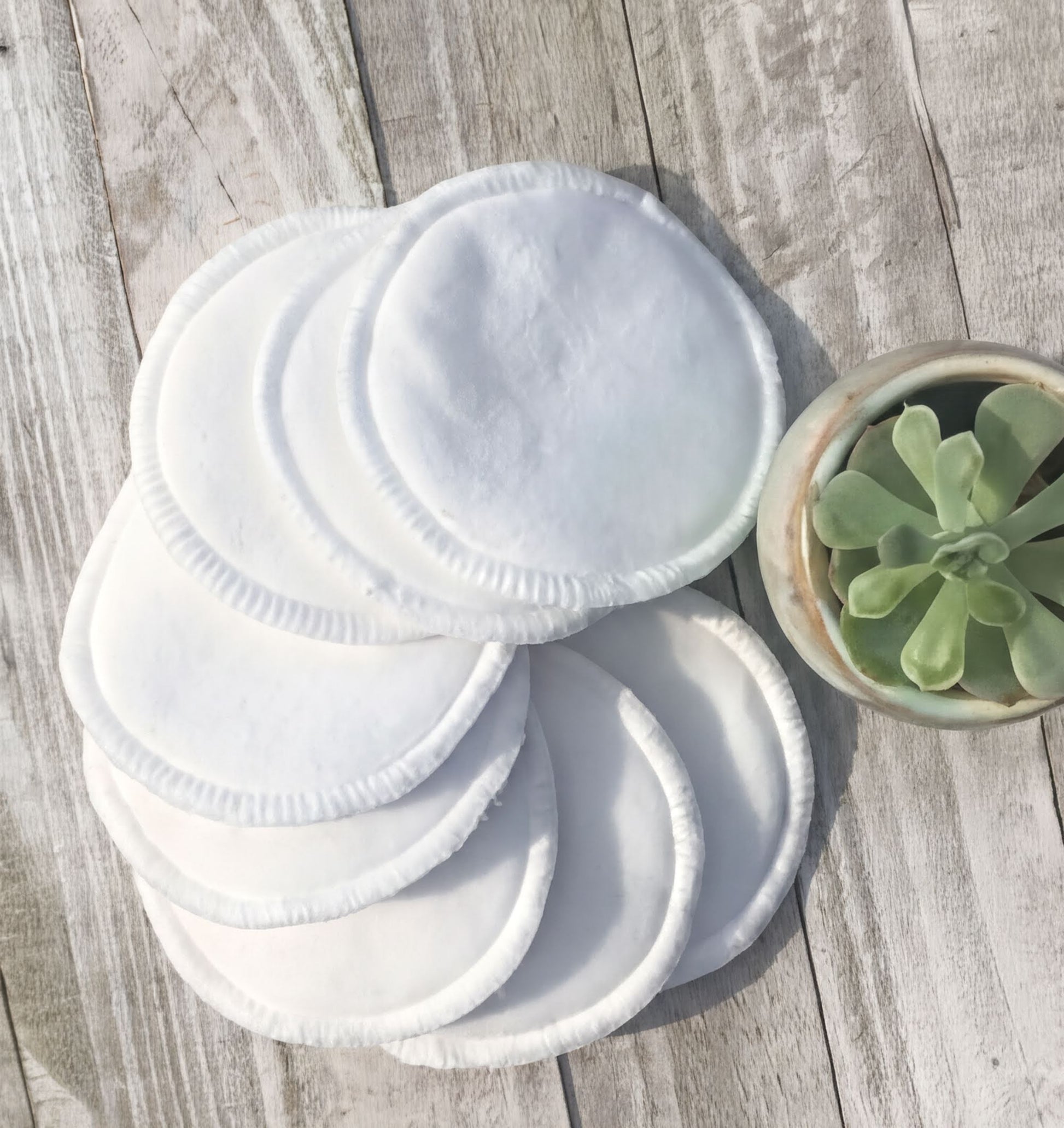 A stack of white cotton pads is placed next to a potted succulent plant on a wooden surface.
