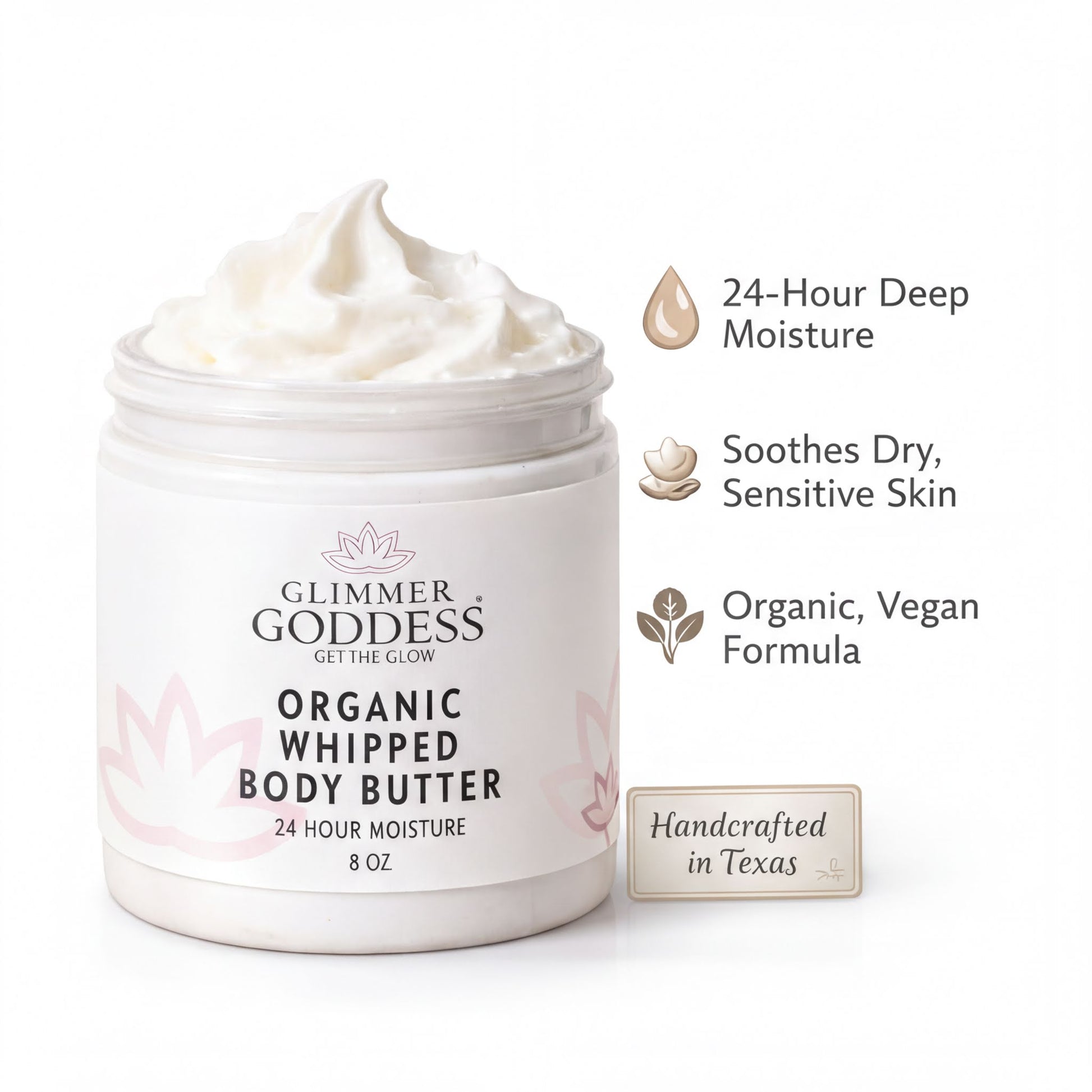 a jar of organic whipped body butter with a label that includes information about the product.