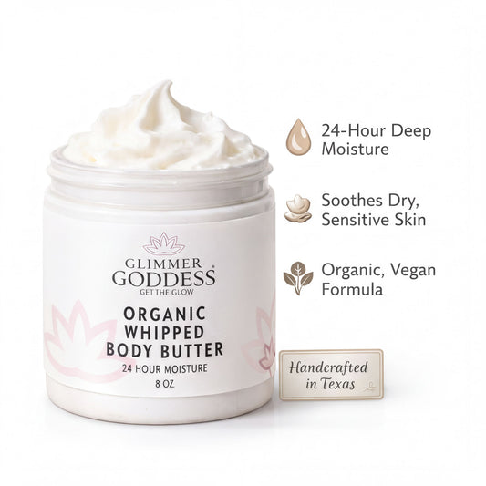 a jar of organic whipped body butter with a label that includes information about the product.