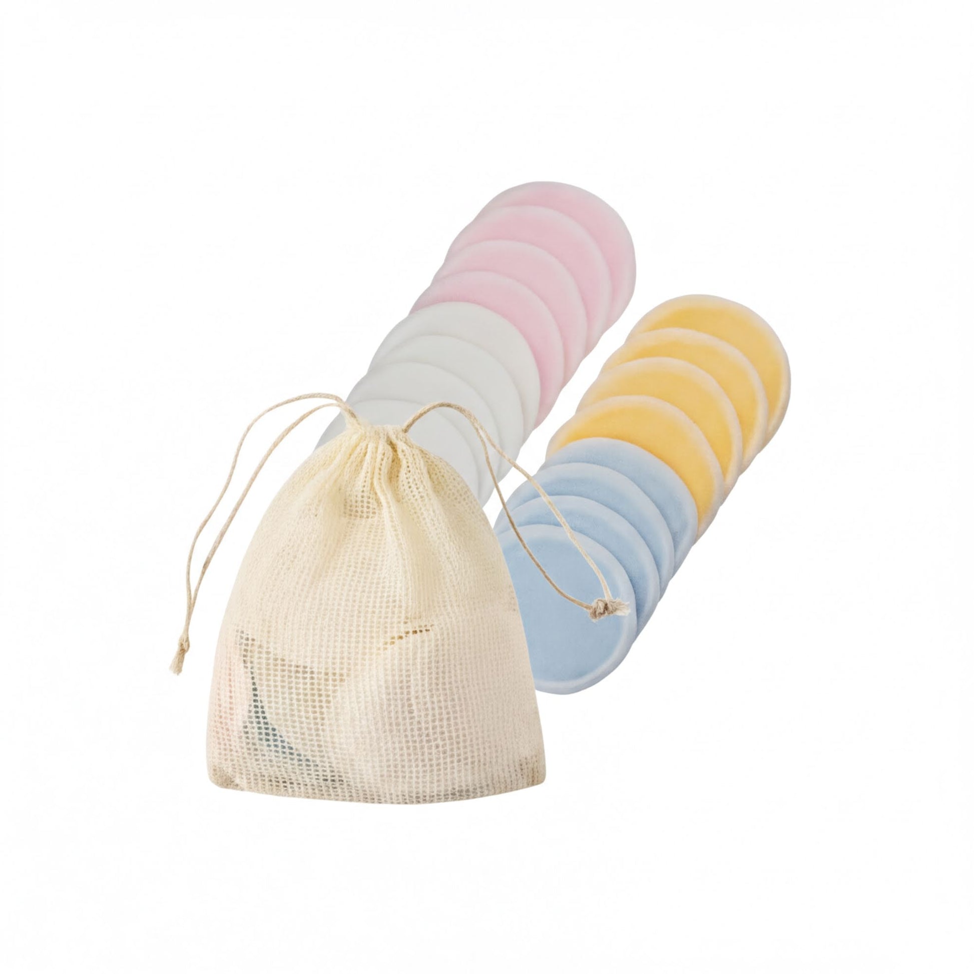 A white mesh bag with a handle, containing a collection of colorful cotton pads or pads, arranged in a row.