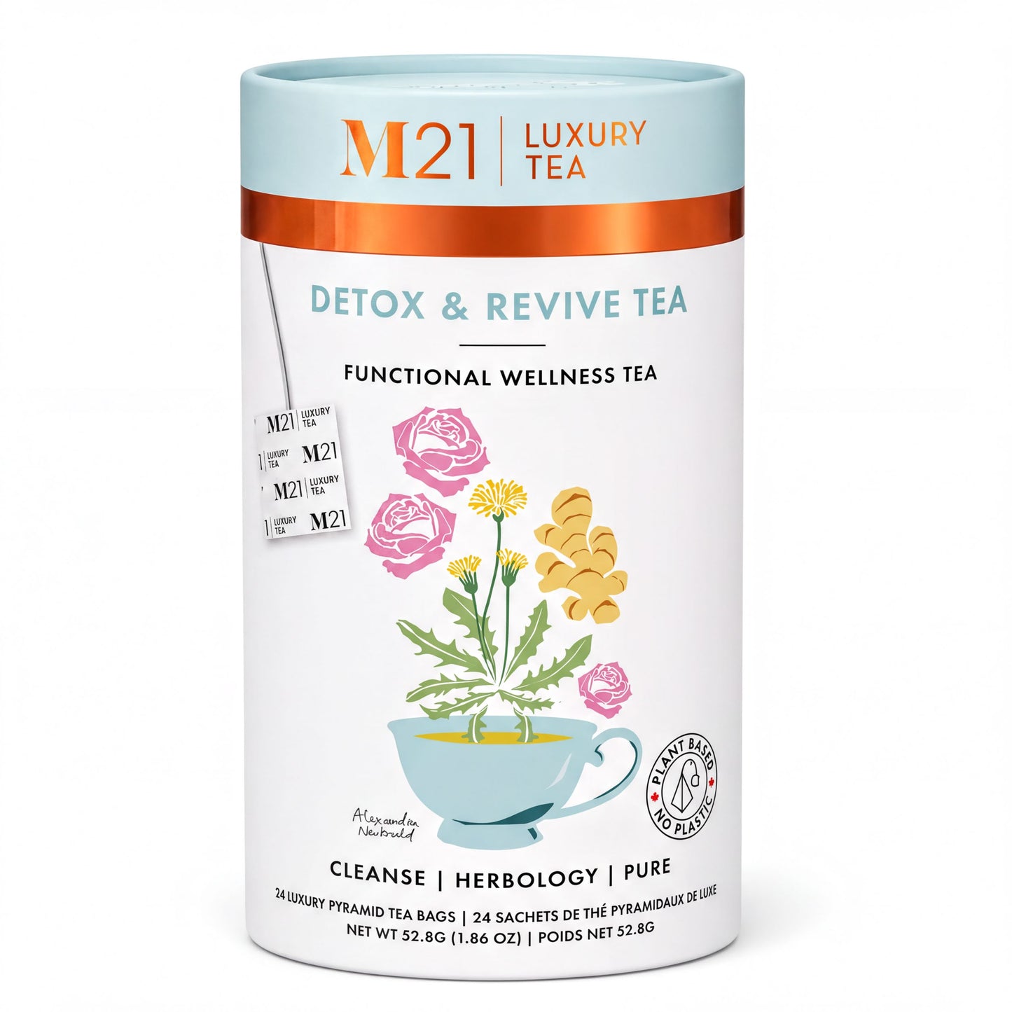 The image is a product packaging for a functional wellness tea called Detox & Revive Tea. It features a cup of tea surrounded by illustrations of flowers and herbs, along with text providing information about the product.