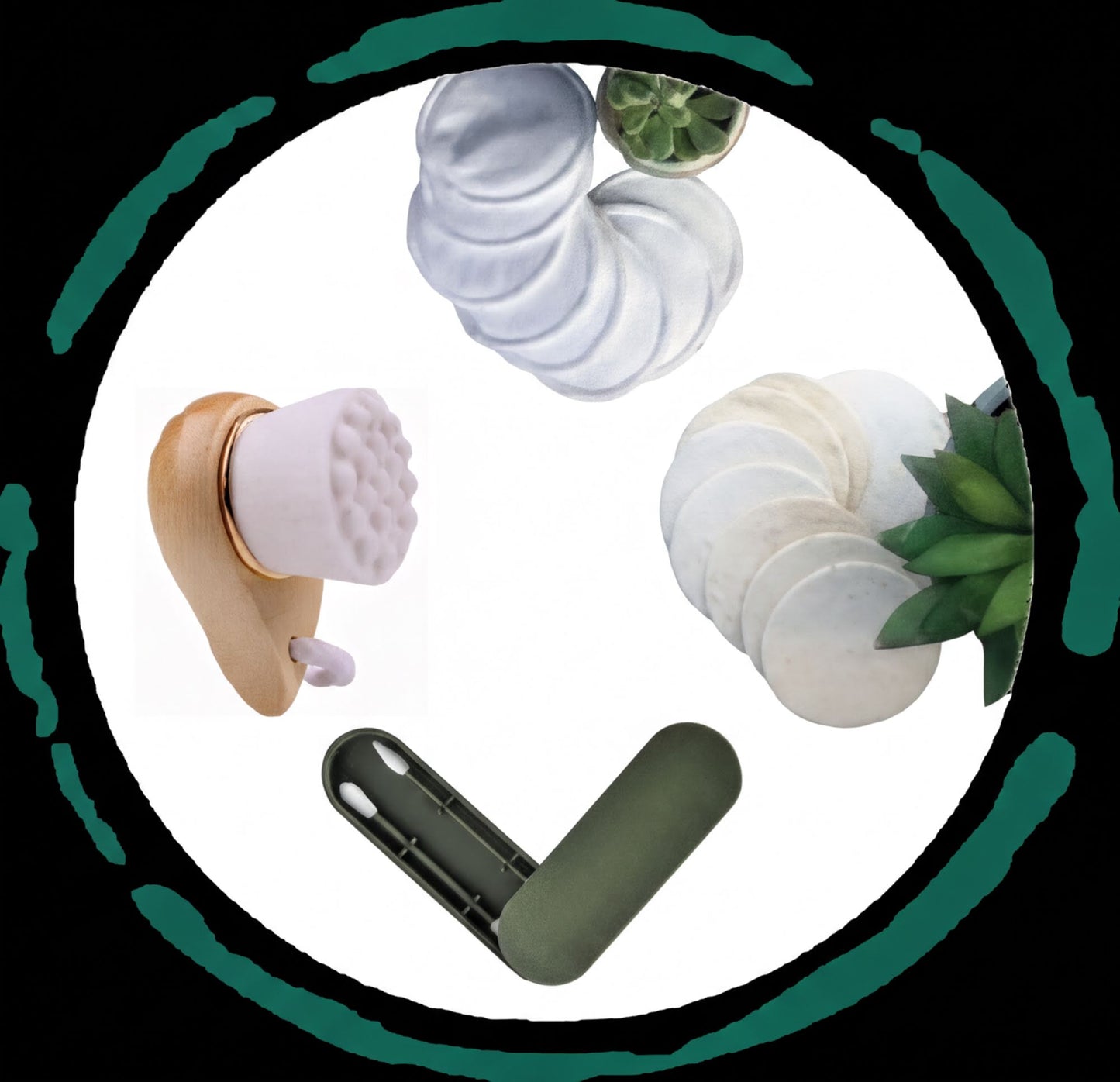 various objects, including a wooden object, a white object, a green object, and a plant, arranged in a circular pattern.