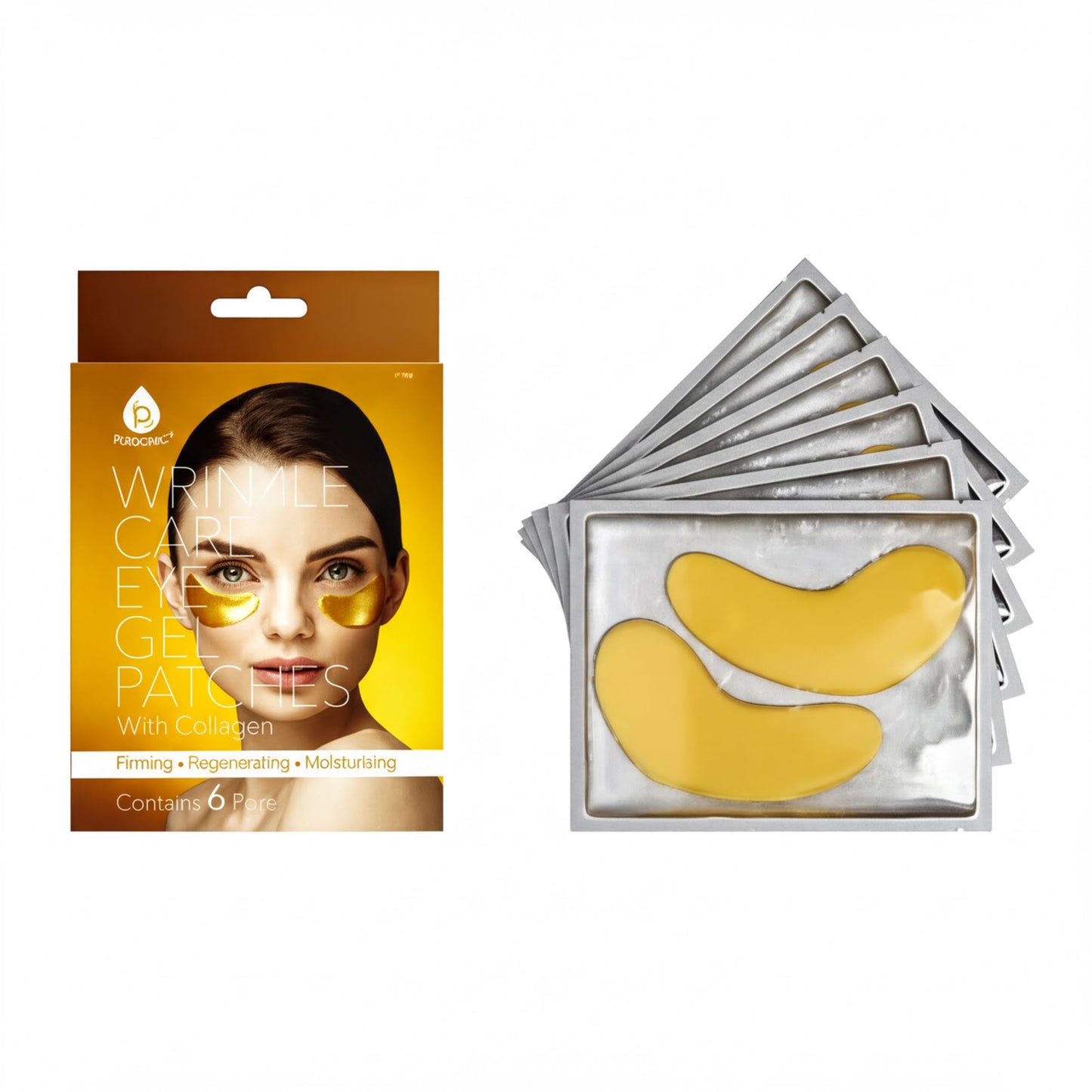 a package of six collagen eye patches and a set of six gold-colored eye patches, both placed against a white background.