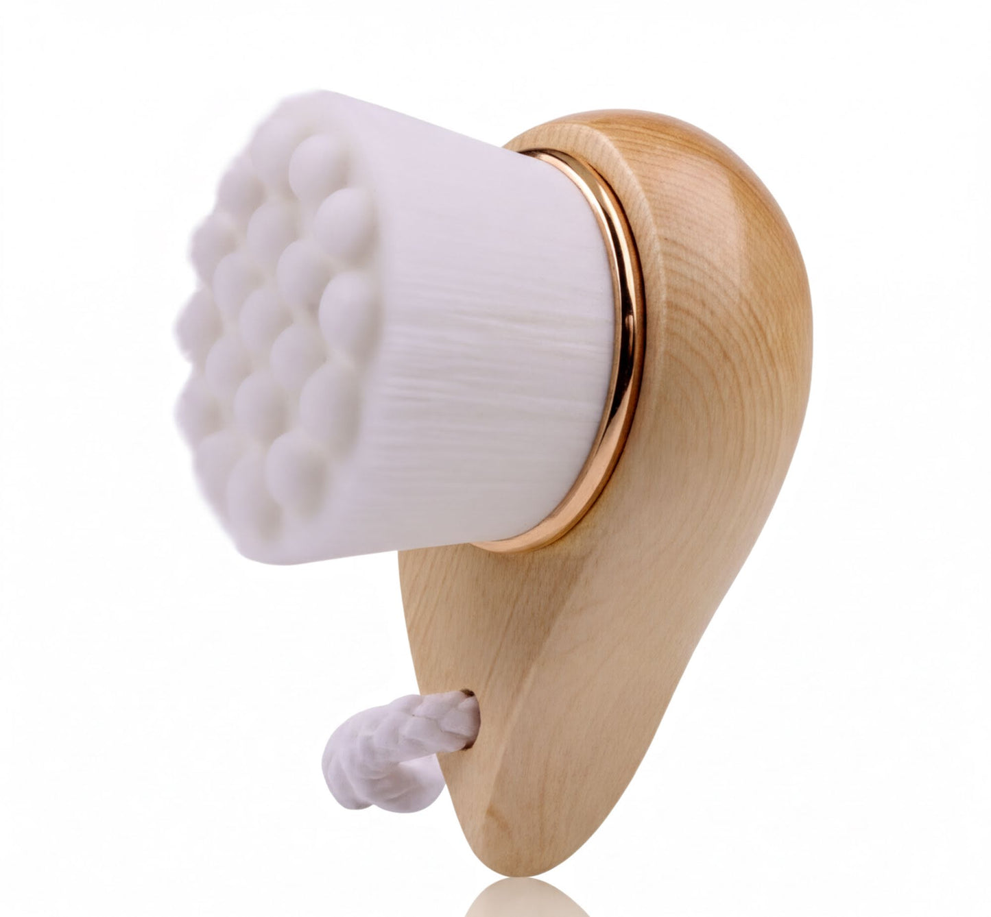 A white brush with a wooden handle is shown against a white background.