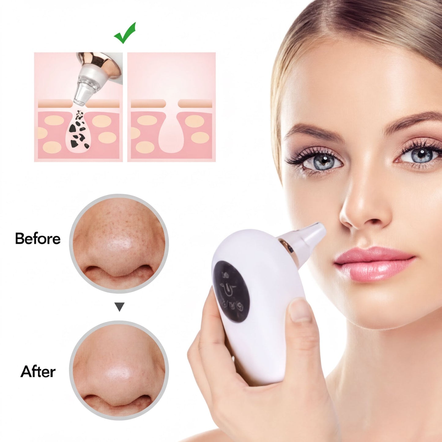 The image is a collage of two images. The first image shows a person's nose before using a device, while the second image shows the same person's nose after using the device.