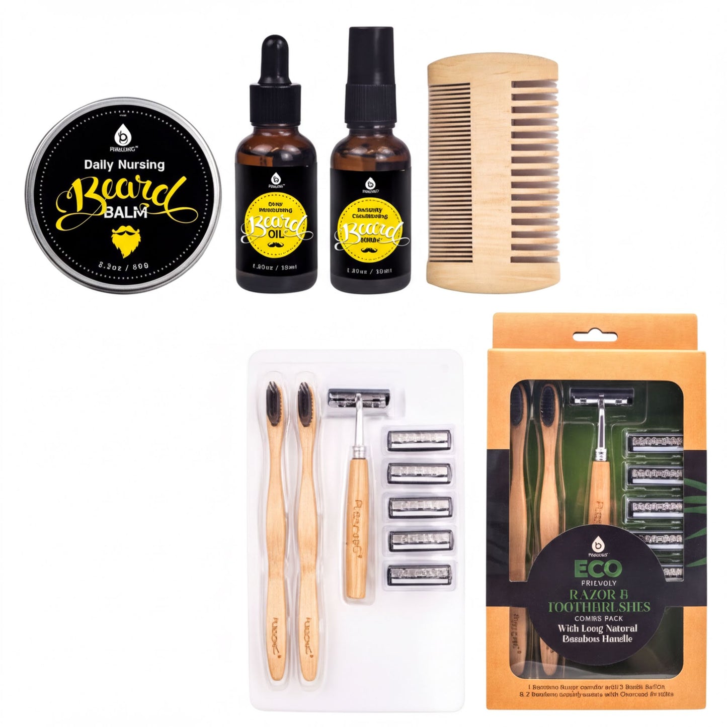 a variety of grooming products, including a beard balm, two bottles of beard oil, a wooden comb, a razor, and a shaving kit.