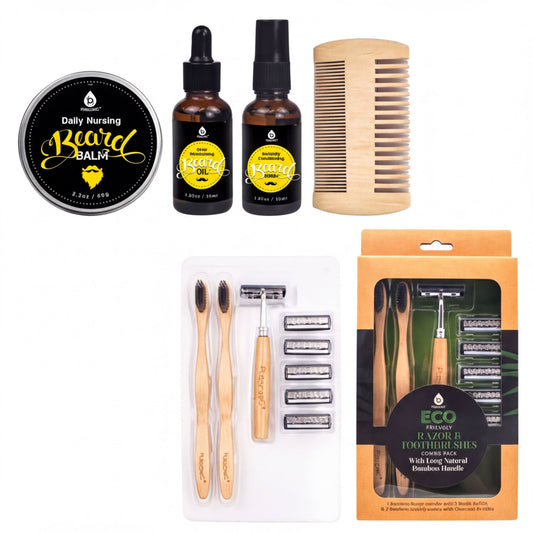 a variety of grooming products, including a beard balm, two bottles of beard oil, a wooden comb, a razor, and a shaving kit.