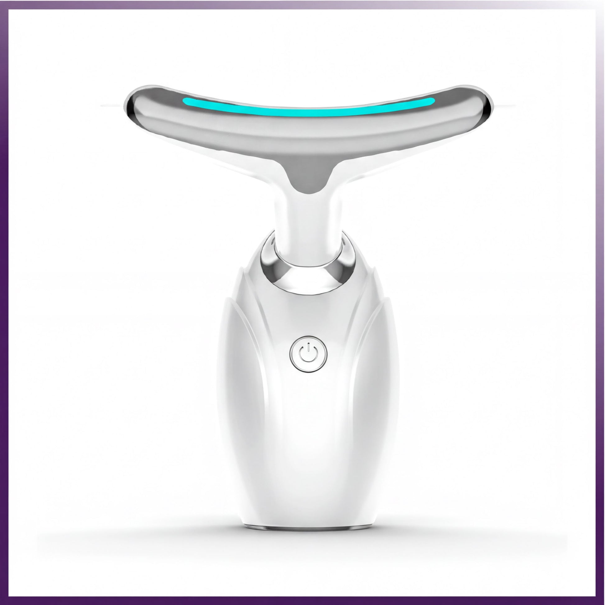 A white and silver electronic device with a curved, futuristic-looking head and a blue light at the top.