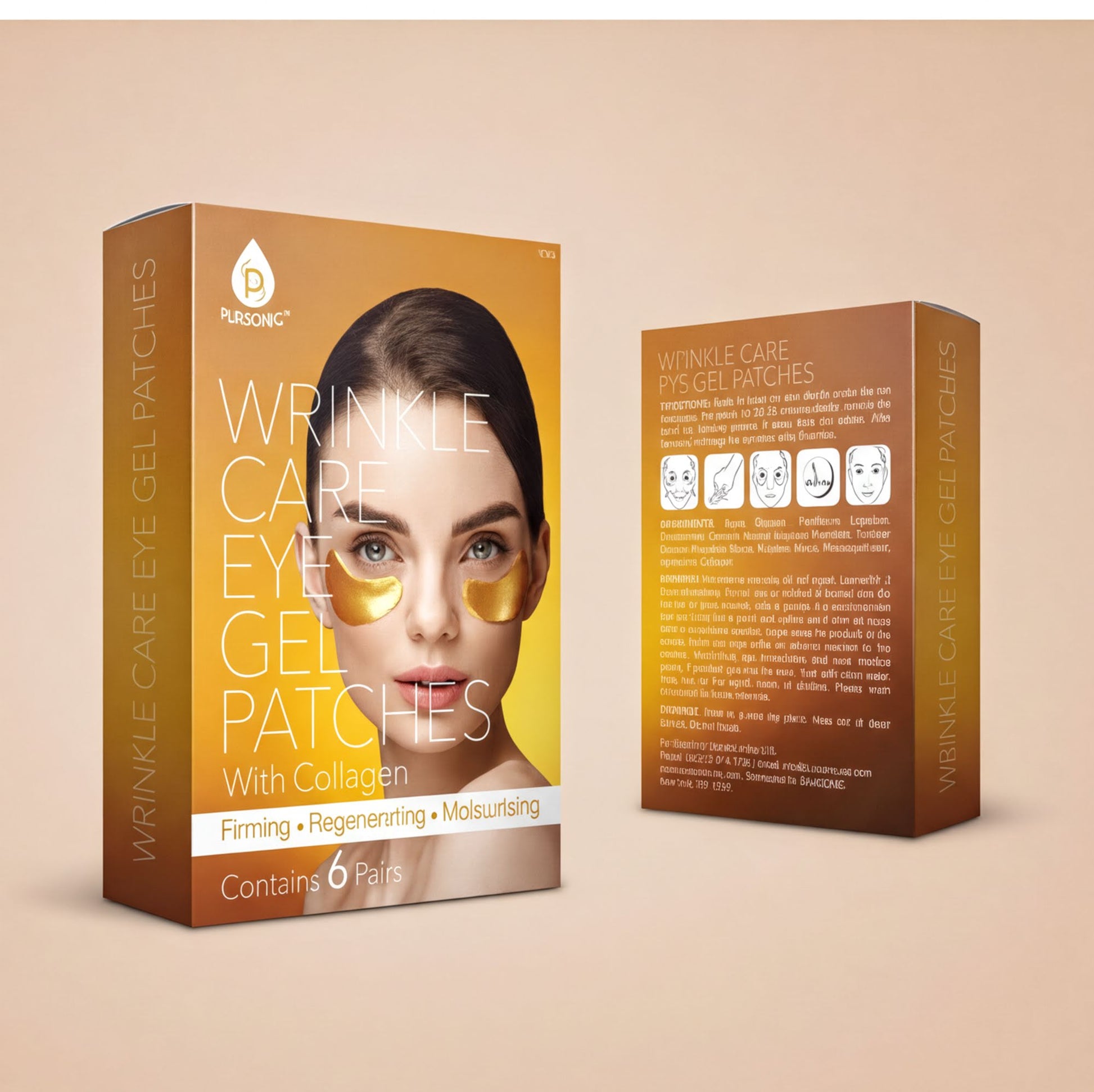 a product packaging for wrinkle care eye gel patches. The packaging is designed to showcase the product and its benefits, with a focus on collagen and moisturizing properties.