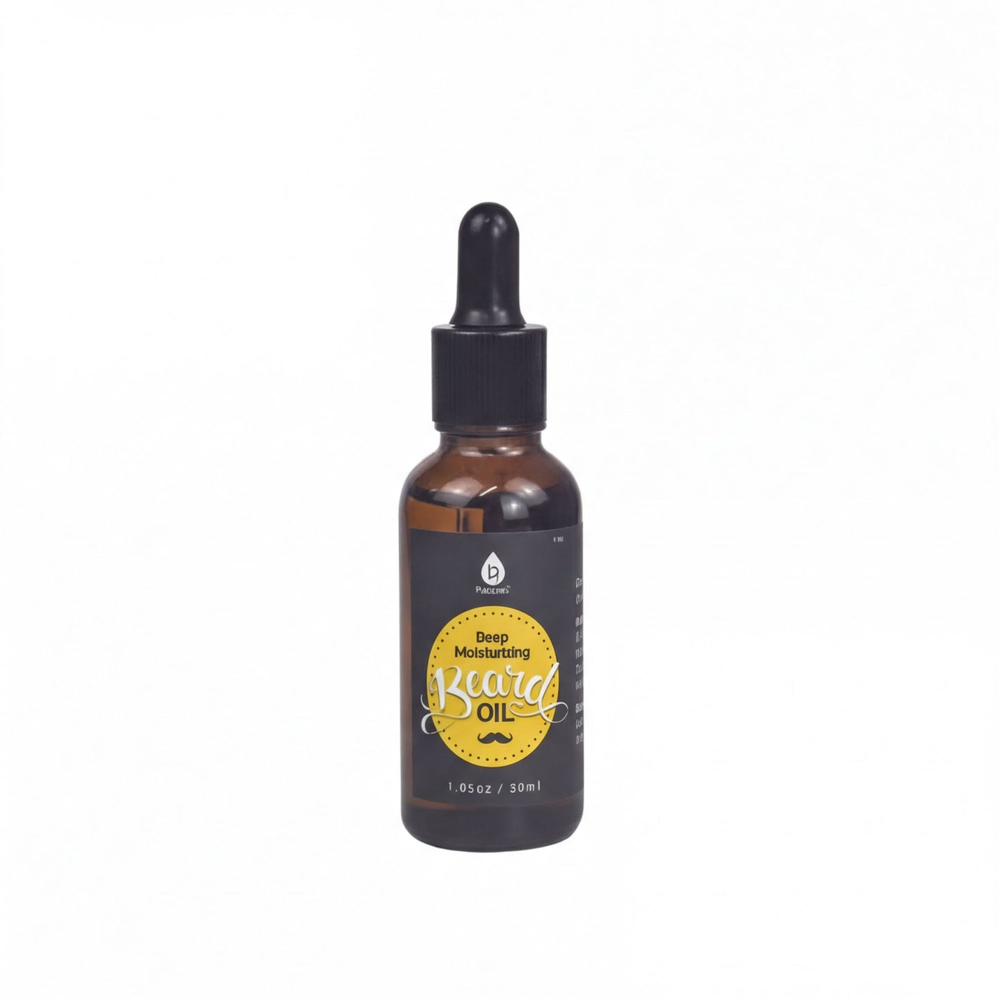 A bottle of beard oil with a black cap and a yellow label.