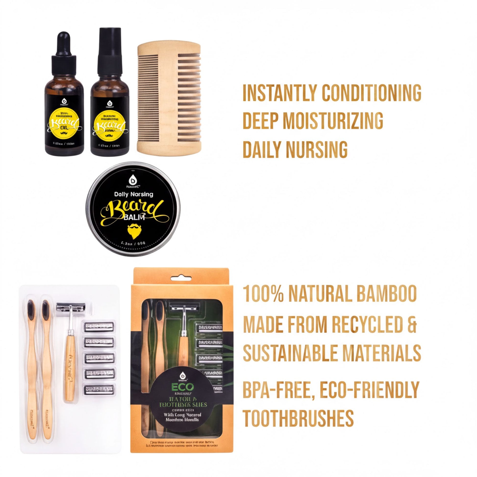 various grooming products, including beard balm, shaving razors, and toothbrushes, as well as a wooden comb.