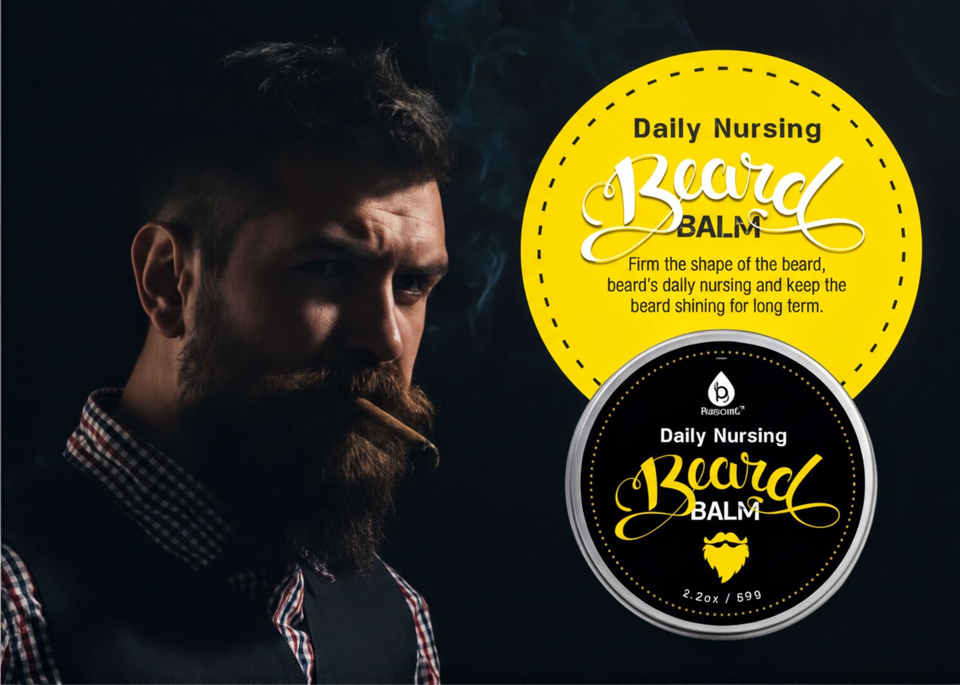 a man with a beard and a cigarette, with text promoting a daily nursing beard balm.