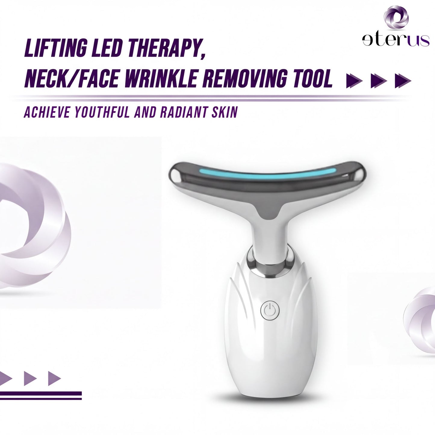 The image is an advertisement for a neck/face wrinkle removing tool, promoting a lifting LED therapy to achieve youthful and radiant skin.