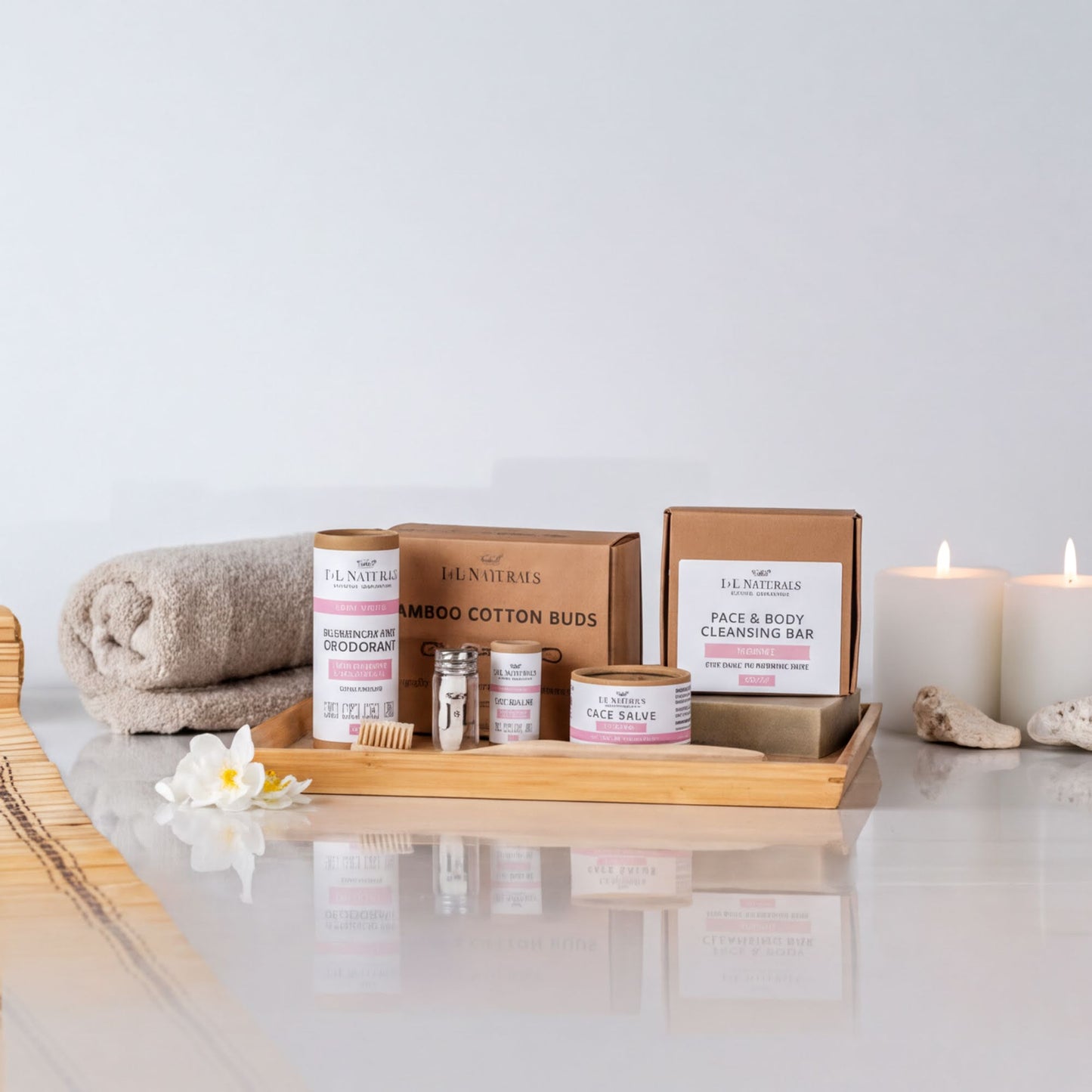 a collection of beauty and skincare products arranged on a wooden tray, with candles and a flower adding to the aesthetic.