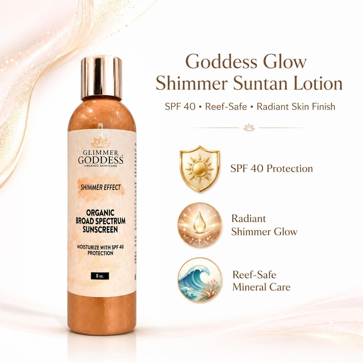 Goddess Glow Shimmer Suntan Lotion SPF 40 – Reef-Safe Radiance - Harmony Beauty