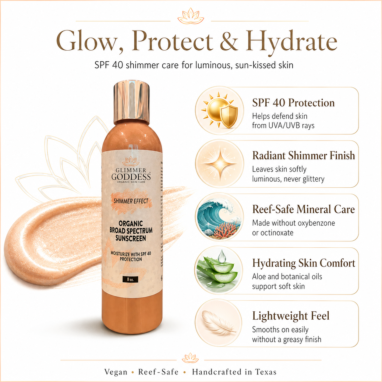 Goddess Glow Shimmer Suntan Lotion SPF 40 – Reef-Safe Radiance - Harmony Beauty